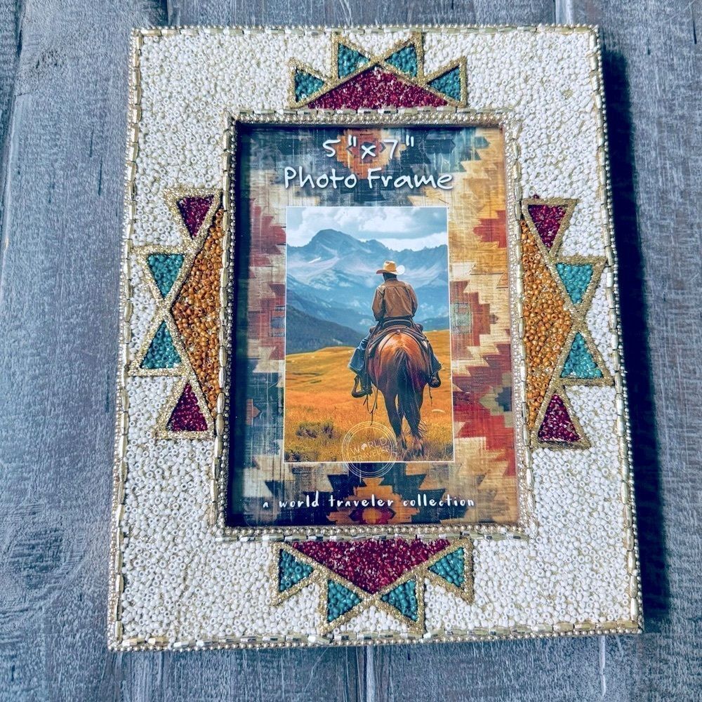 Southwest Western Aztec Tribal Beaded Blue Picture Frame